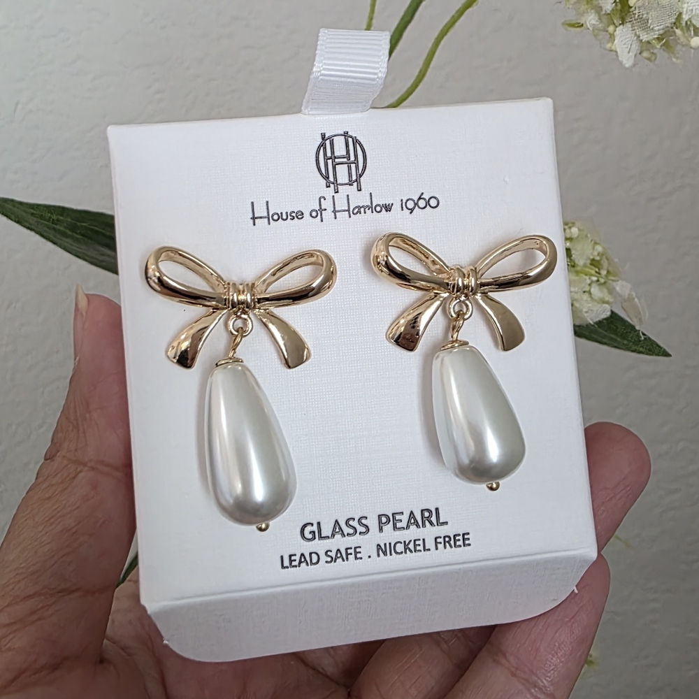 2/$25 House Of Harlow 1960 Glass Pearl Bow Earrings